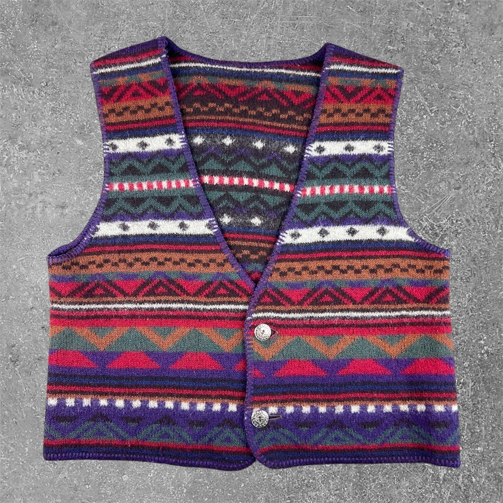Vintage Fair Isle Knit Aztec Reversible Wool Sweater Womens Large Geometric‎
